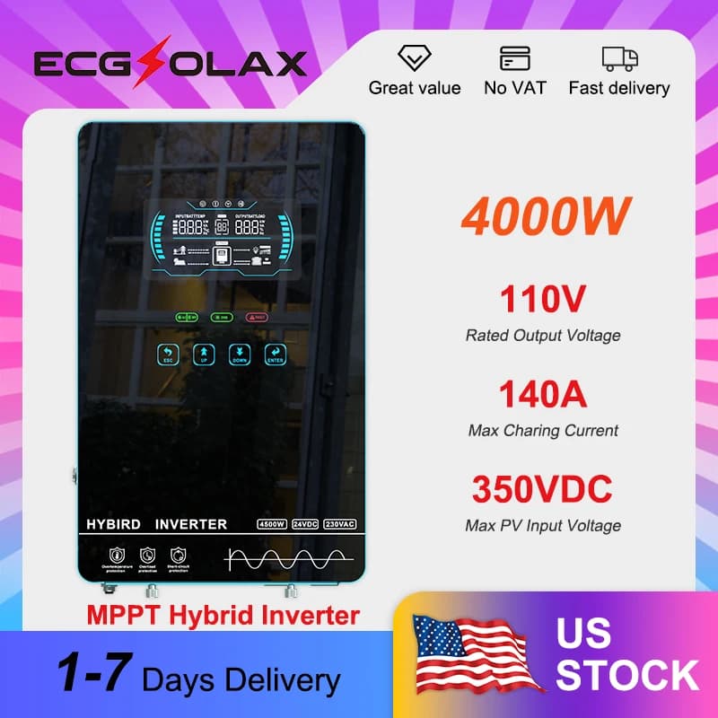 Inverter Solare Ibrido ECGSOLAX 4KW 24V 110/120V Onda Pura Off-Grid con MPPT Integrato 140A per Ricarica Solare Domestica