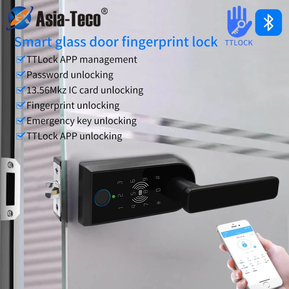 Serratura con maniglia intelligente per porta in vetro Partizione aperta singola con chiave per impronte digitali Password Serratura digitale intelligente Controllo app TTLOCK