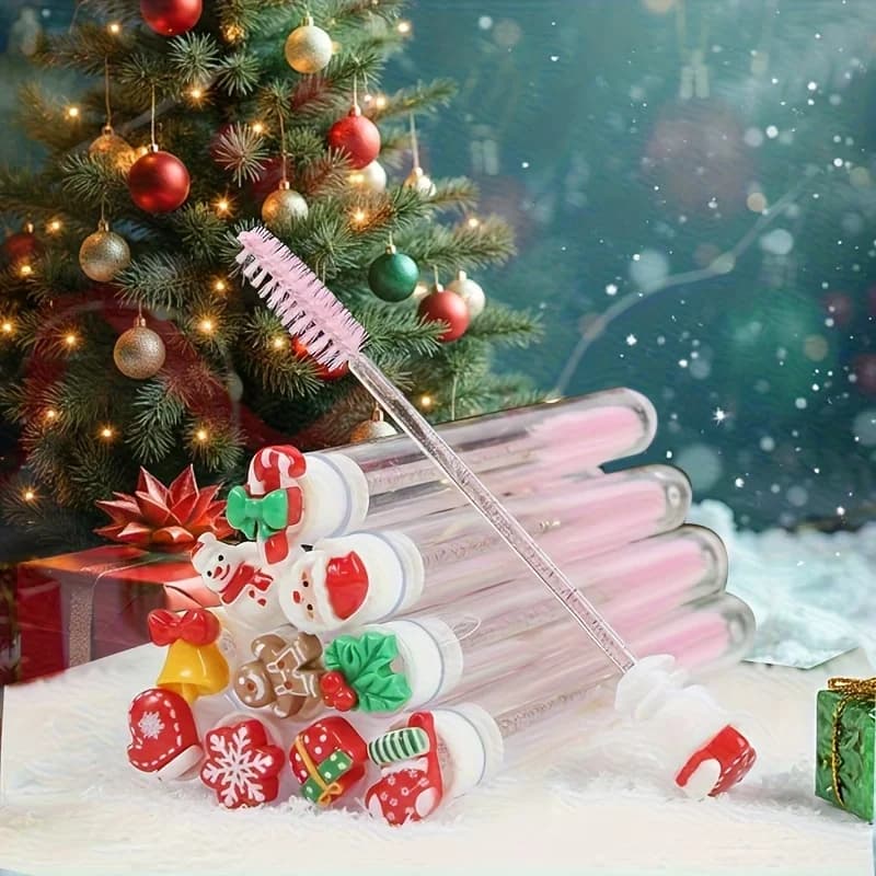 10 Piece Christmas Eyelash Brush Set - Mascara Stick with Santa Claus Snowflake Design, Eyebrow Comb, Makeup applicator - Festive Beauty Gift