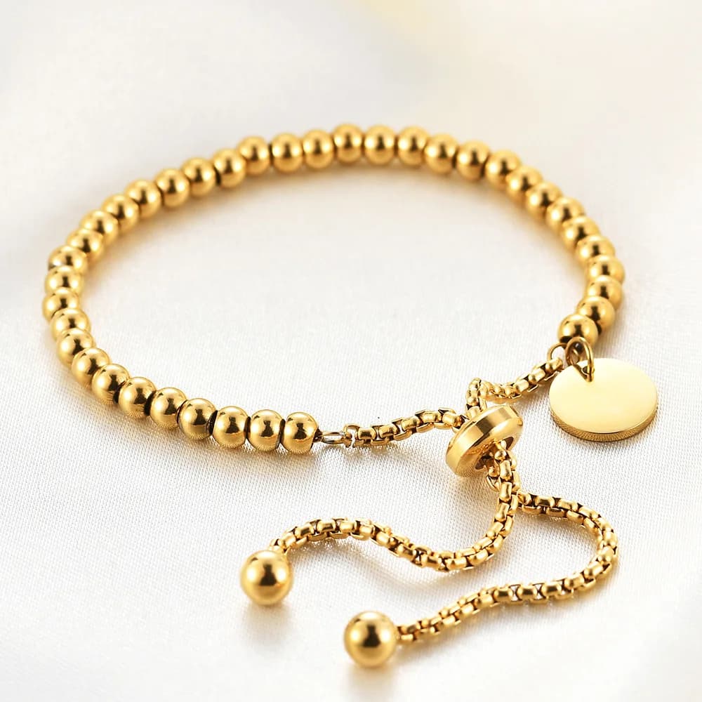 Bracciale da donna in acciaio inossidabile placcato oro 18 carati con perline, catena regolabile alla moda per uso quotidiano e da festa