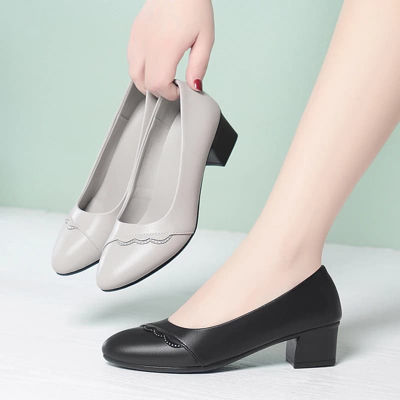 AIYUQI Scarpe con tacco medio da donna in vera pelle, eleganti scarpe da lavoro con tacco a blocco, scarpe da ufficio con strass, scarpe da donna slip-on con tacco medio