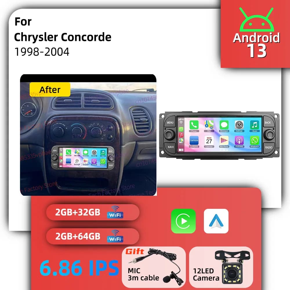 Autoradio 1 Din Radio Android 13 Car Multimedia for Chrysler Concorde 1998-2004 6.86" Wireless Carplay GPS Head Unit Stereo