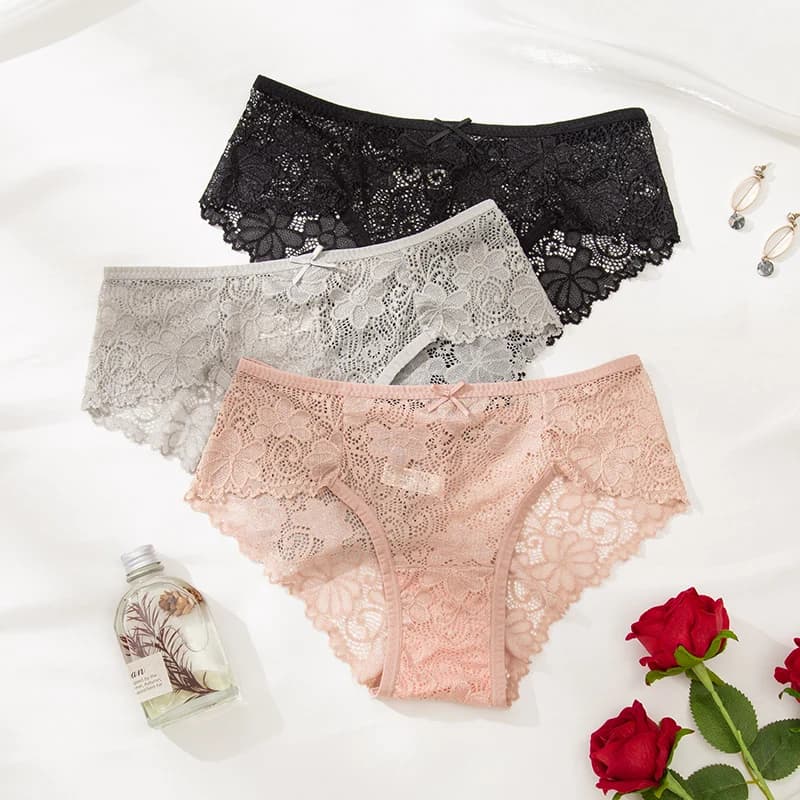 BANNIROU 3 pezzi di mutandine sexy intimo per donna con slip femminili a vita bassa in pizzo trasparente