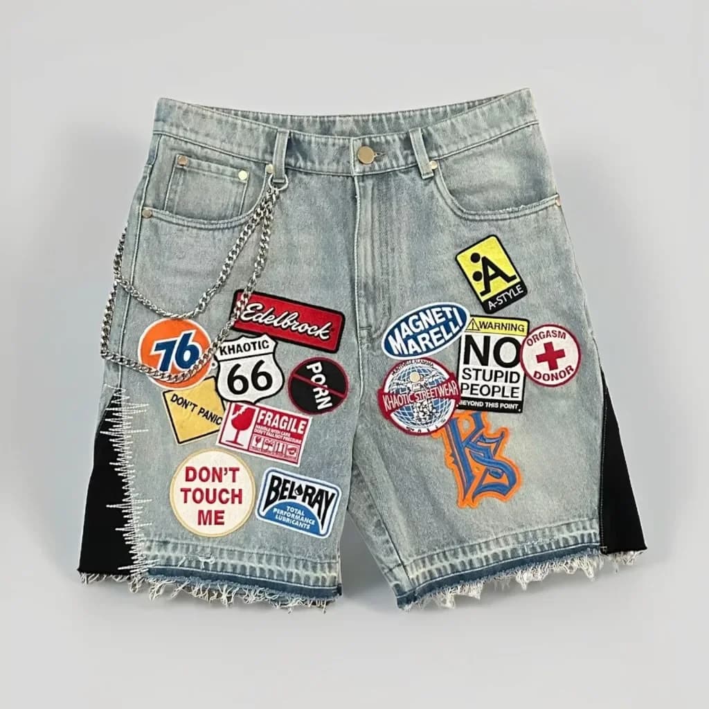 Retro Blue Patchwork Denim Shorts Y2K Hip Hop Cartoon Graphics Loose Camo Streetwear Jeans Men Women Casual Fitness Shorts S-XXL