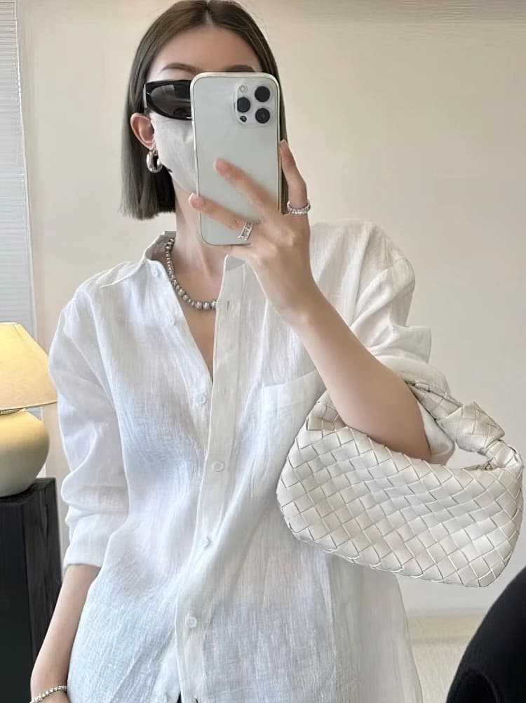 Camicia oversize in cotone e lino a maniche lunghe Camicia lunga bianca da donna Primavera Estate Lady Beach Capispalla casual Camicetta basic