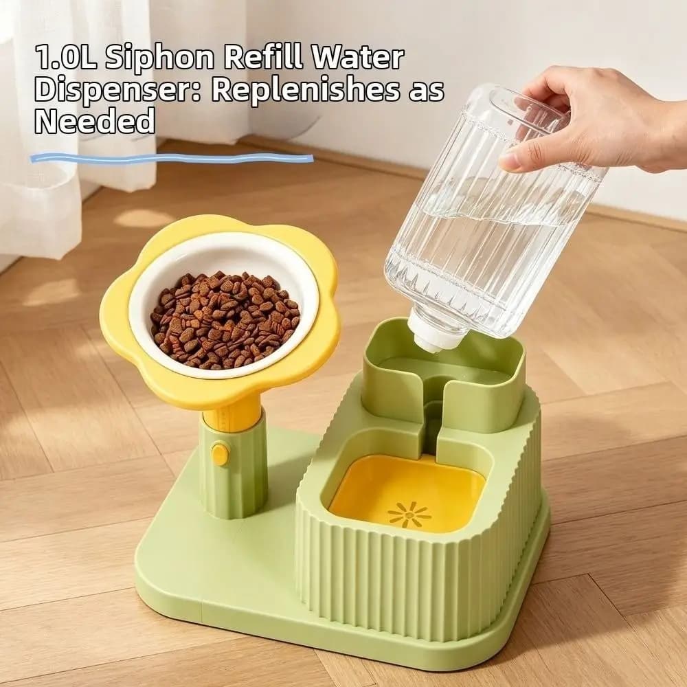 Adjustable Height Cat Water Food Bowl 2-in-1 Large Capacity Pet Bowl Neck Protection Stainless Steel Automatic Water Dispenser