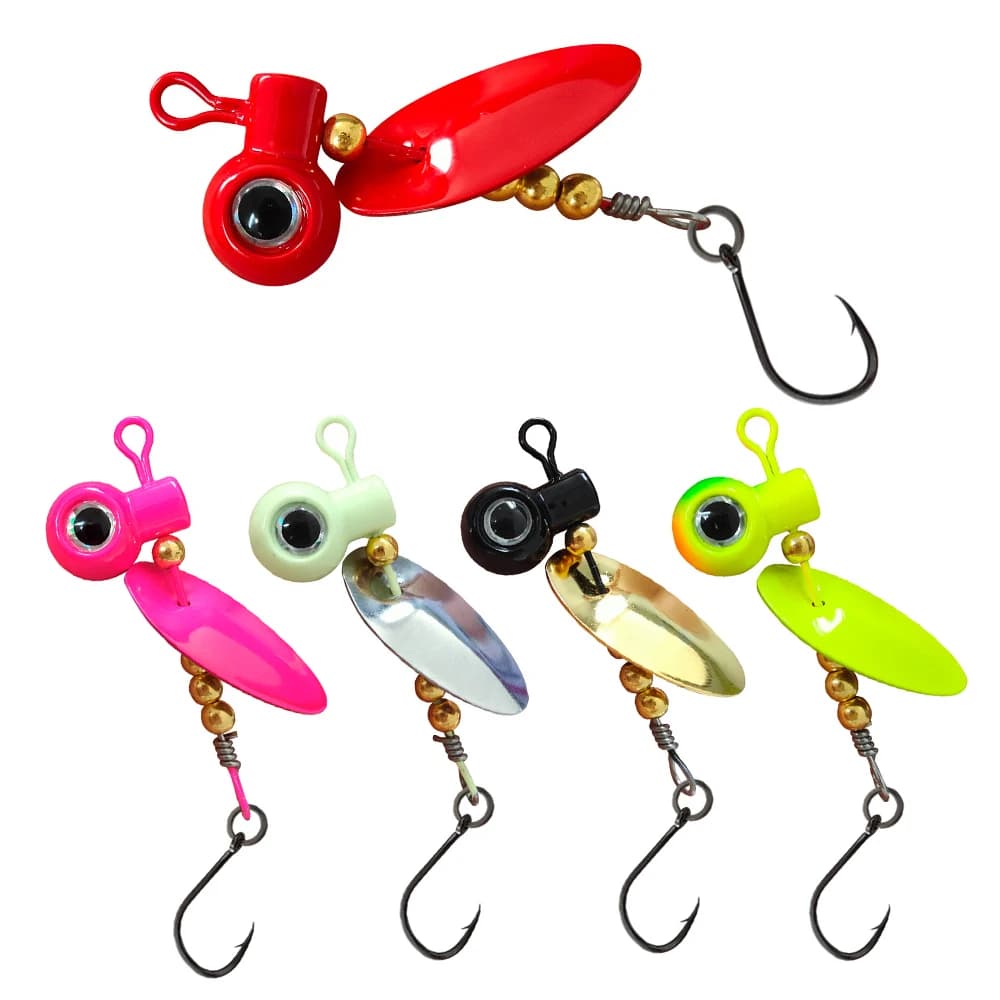 5pcs Crappie Jig Heads With Spinner Blade Rotate 2.5g-10g 3D Eyes Bass Fishing Lure 15°Offset Hook UV Coating for Crappie Trout