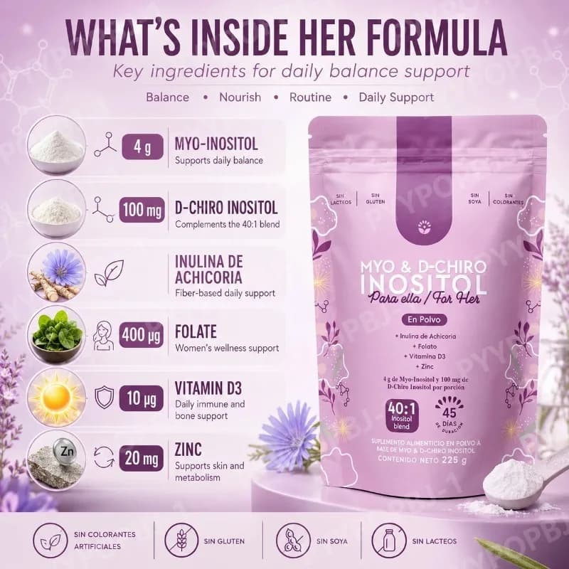 Food supplement 40:1 Mix Myo & D-Chiro Inositolo in Powder with Folate, Vitamin D3 and Zinc for Women's Daily Health Support