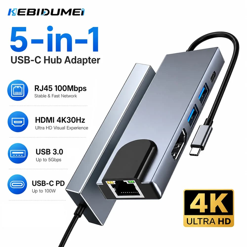 KEBIDUMEI 5 in 1 Ethernet Hub USB C Docking Station Type C to HDMI 4K RJ45 100Mbps PD100W USB 3.0 Splitter for Laptop MacBook