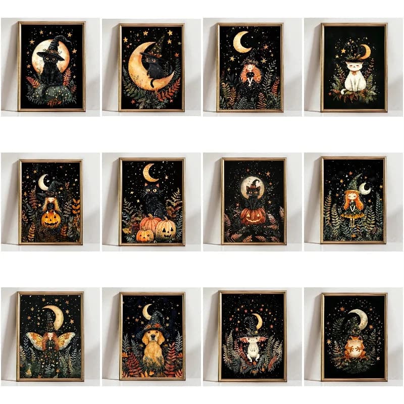 Magical Witch Cat Labrador Dog Whimsical Unicorn Wall Art Enchanted Horse Witchcore Canvas Painting Halloween Moon Kids Poster