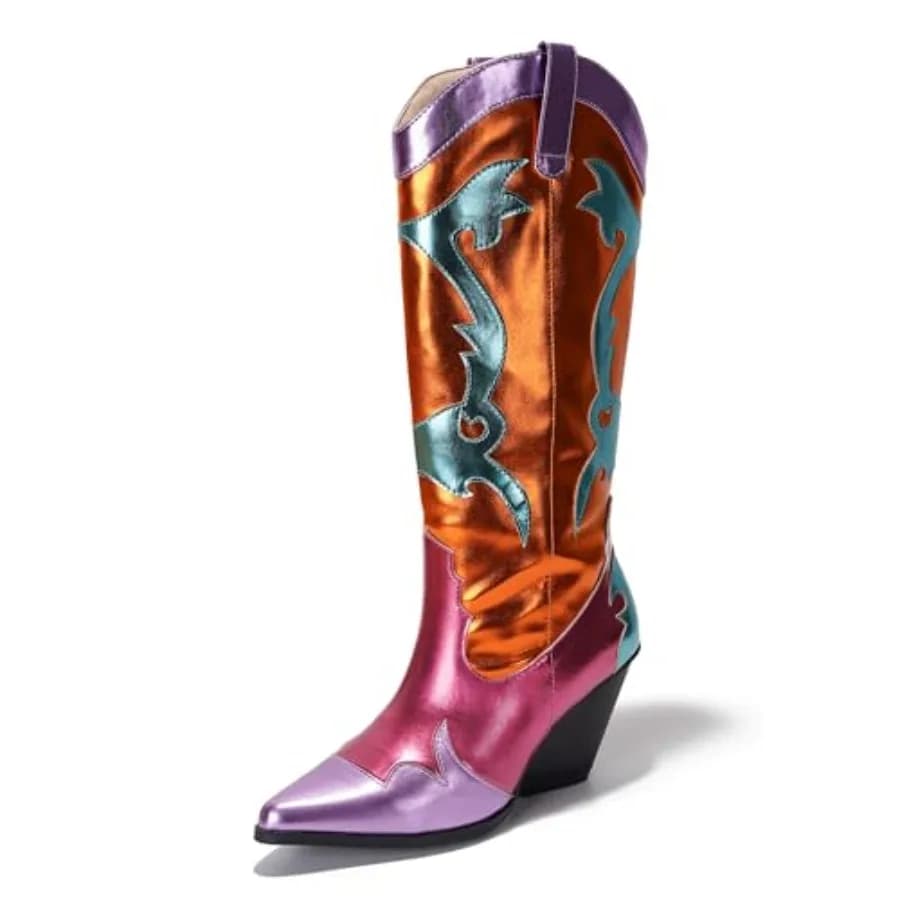 Cape Robbin Women's Metallic Colorblock Cowboy Boots Mid Calf 3 Inch Heel - Multicolor Western Boots with Pointed Toe and Comfo