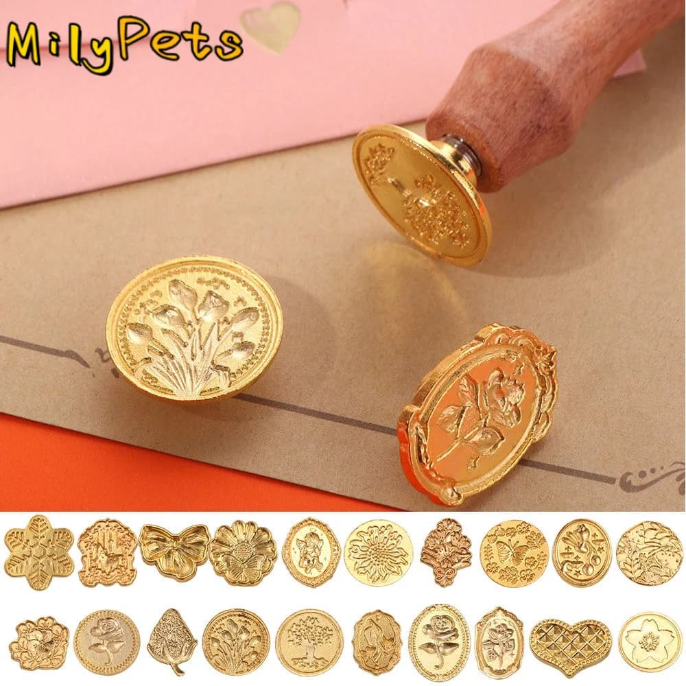 8/10/12Pcs Retro Lacquer Seal Head Stamps Set Creative Multishape Enamelled Seal Heads with Wooden Handle Removable