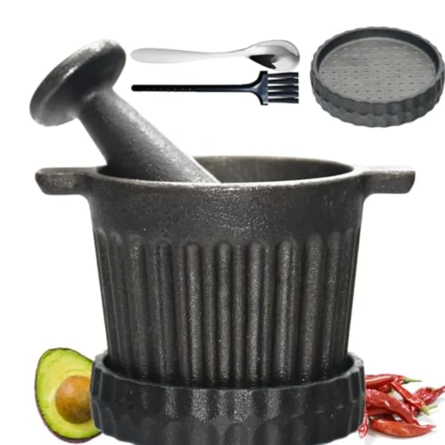 Set di Mortaio e Pestello in Ghisa con Grattugia per Aglio, per Spezie, Pesto, Guacamole, 3-in-1 per Schiacciare e Tritare