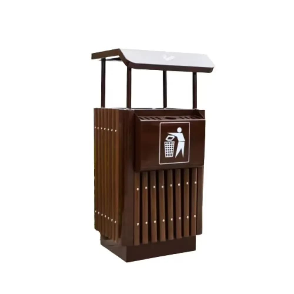 Open outdoor wooden single-bin trash cans, steel and metal containers for recycling trash bins