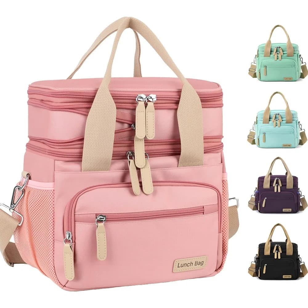 Insulated Lunch Bag for Women, Double Layer Thermal Cooler Tote for Picnic, Portable Food Container Carrier