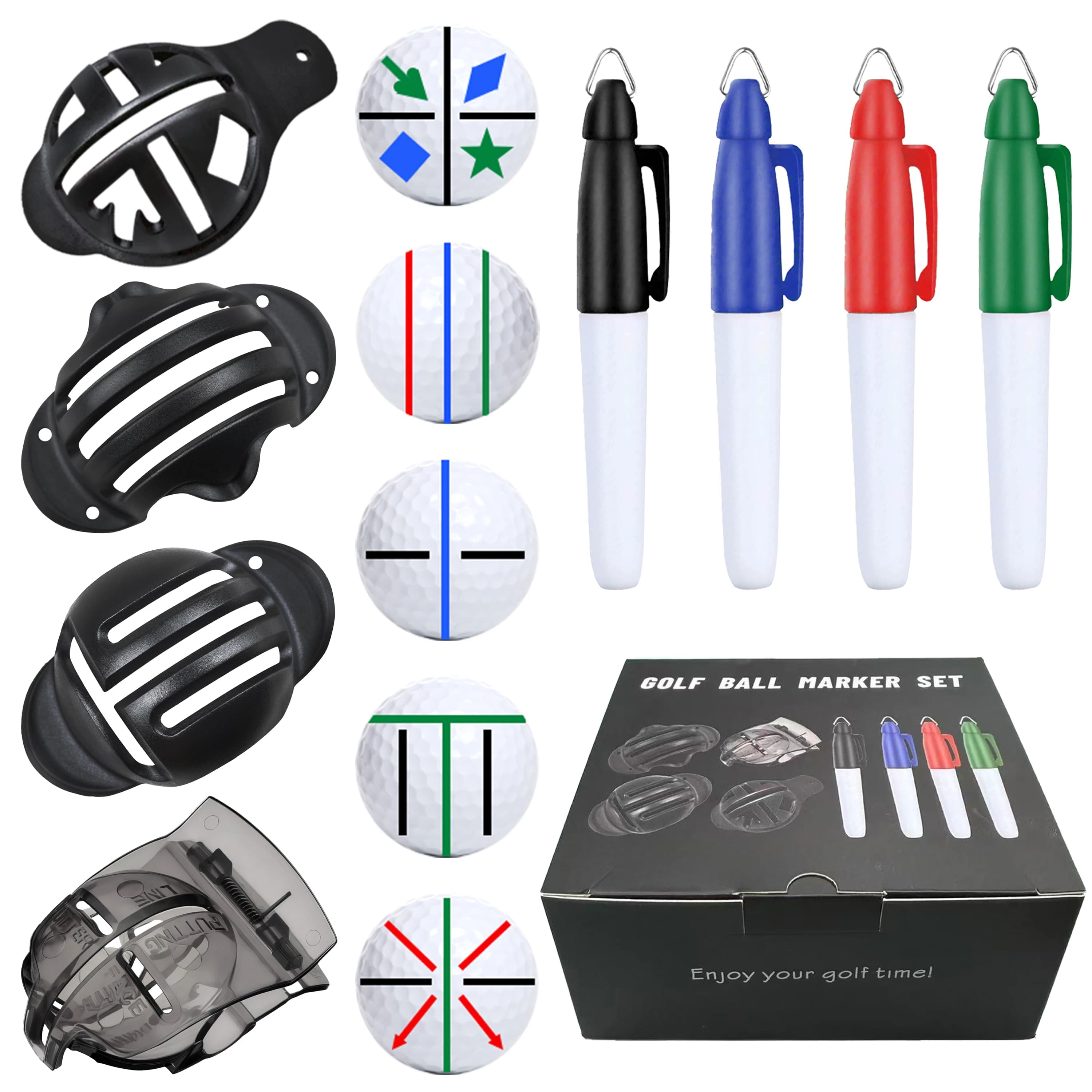 Kit di pennarelli per palline da golf da 8 pezzi per obiettivo di precisione e marcatura personale, include 4 modelli di pennarelli per palline e 4 pennarelli colorati