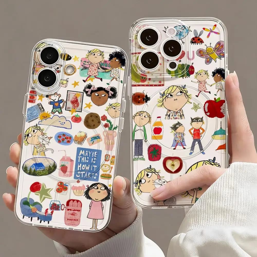 Custodia Magnetica Trasparente Cartoon C-Charlie e Lola per iPhone 17 16 15 14 13 12 Pro Max Plus, Cover Sottile Wireless