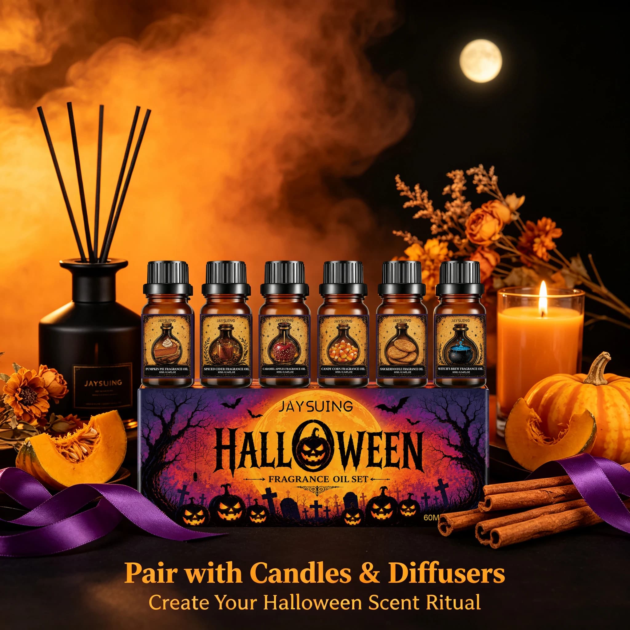 Halloween Theme Fragrance Oil Set Highly Scented Fall Pumpkin Caramel Apple Oils for Home Diffuser Aromatherapy Halloween Gift