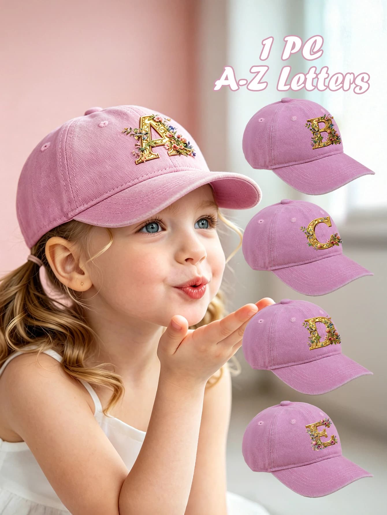 1 cappello rosa per neonati, berretto da baseball regolabile per bambini con lettera A-Z, splendido fiore dorato - Cappello da sole traspirante per ragazzi e bambine