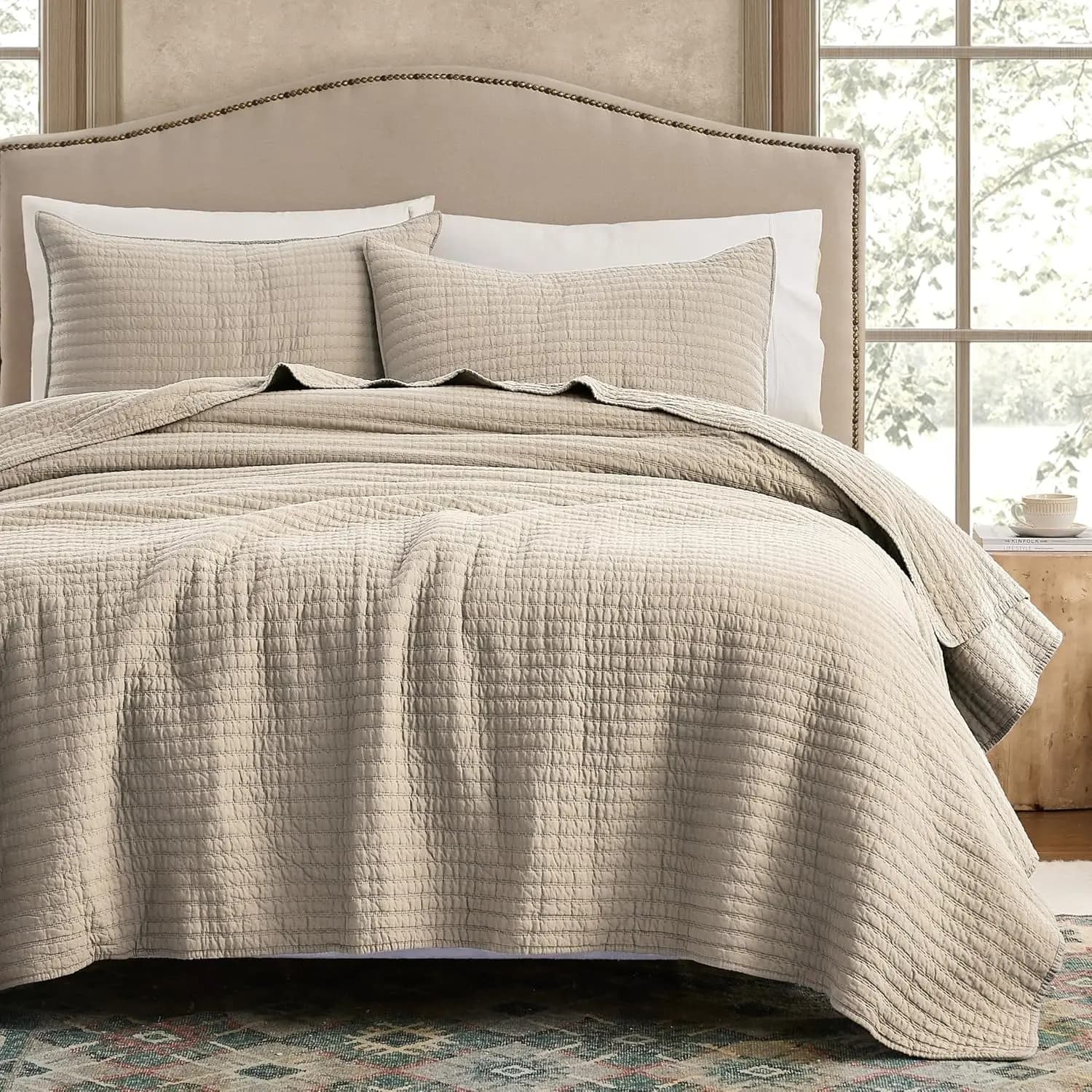 Set Copriletto in Cotone Queen Size - Coperta Leggera a Righe Beige, Copriletto Rustico Stile Fattoria, Biancheria da Letto Shabby Chic