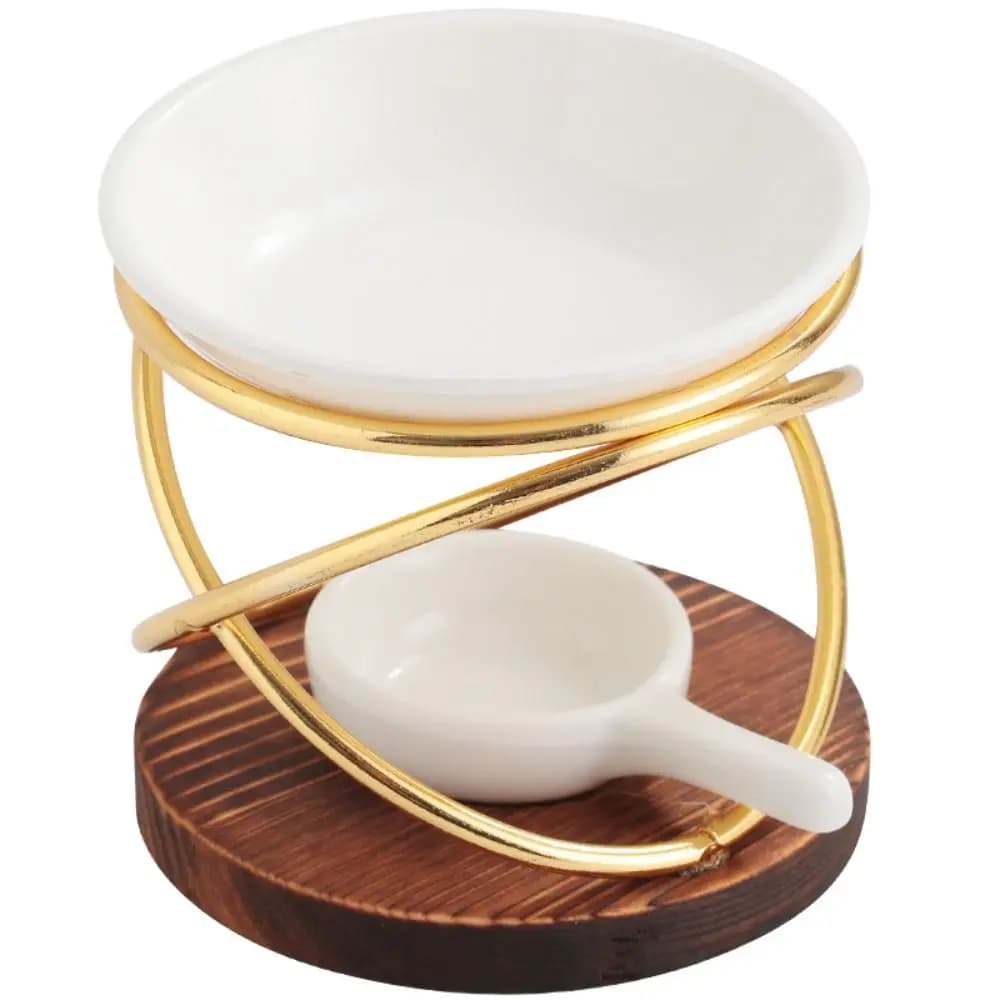 Pratico Diffusore di Aromi con Base in Legno, Bruciatore di Oli Essenziali in Metallo e Ceramica per Relax in Casa e Spa