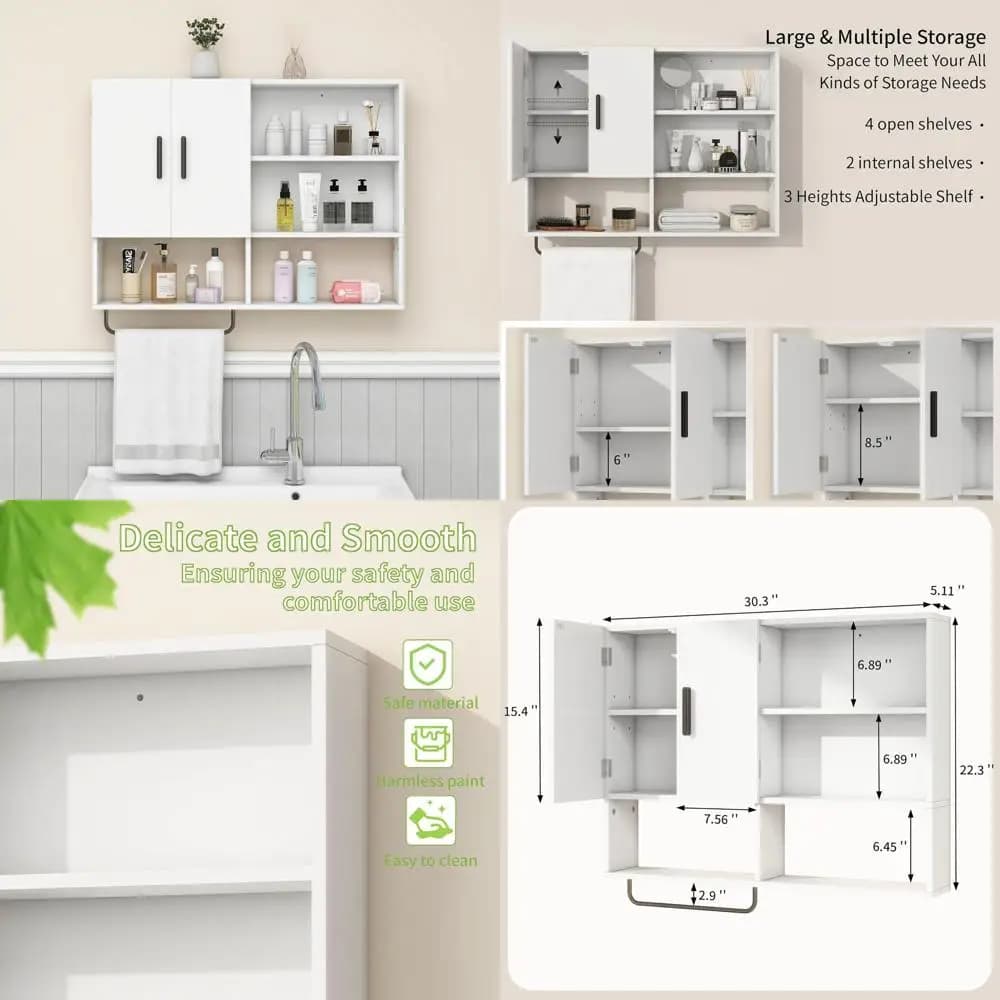 Mobiletto portaoggetti sopra il WC in legno bianco con 2 ante, ripiani regolabili e portasciugamani per bagno, cucina e lavanderia