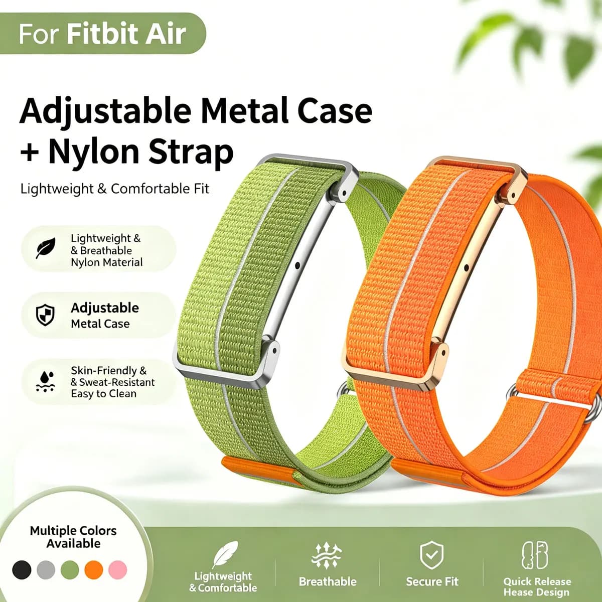 Metal Protective Case Nylon Strap For Google Fitbit Air Ultra-Slim Feather-Light Breathable Quick Release Replacement Wrist Band
