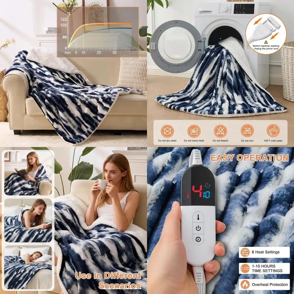 Coperta elettrica Queen Size 84x90 con 6 impostazioni di calore, arresto automatico di 10 ore, morbida pelliccia sintetica, protezione dal surriscaldamento, blu navy