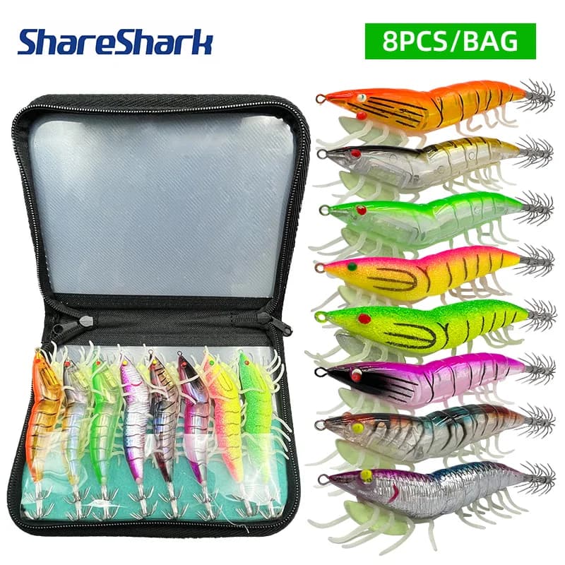 Set di 8 esche morbide luminose al buio ShareShark per la pesca di gamberi, calamari e altri predatori marini, con amo in legno.