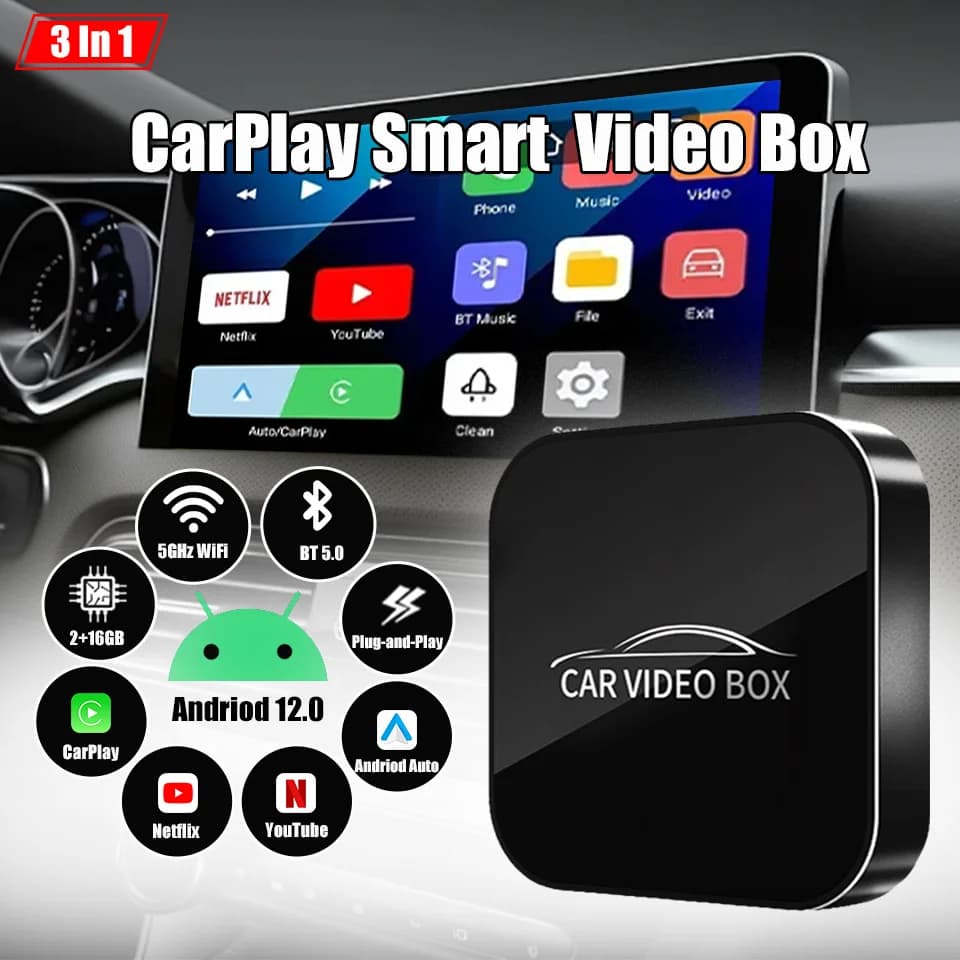 Andriod 12.0 Smart Video Box Wireless Android Auto Wireless Carplay 3in1 Adattatore multimediale Netflix integrato YouTube Plug & Play
