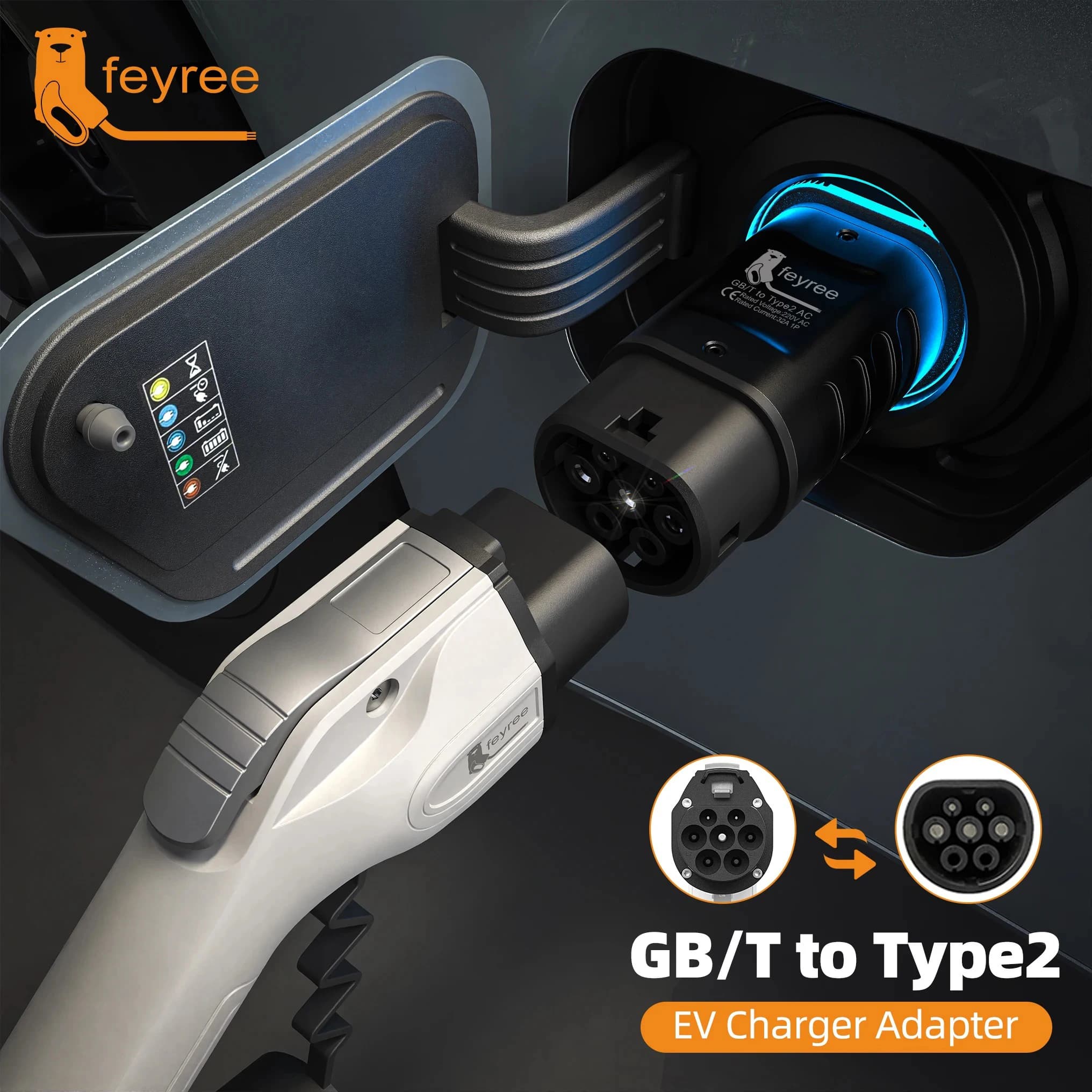 Feyree EV GBT charging station adapter type 2 Converter IEC 62196-2 EVSE Single-phase connector 16A 32A for type 2 car