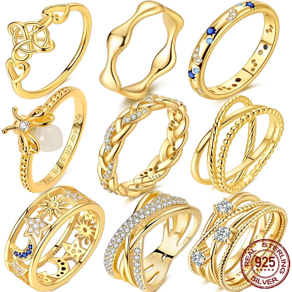 Original 925 Sterling Silver Golden Ring Star Moon Firefly Zircon Size 6-9 For Women Valentine's Birthday Gift DIY Jewelry