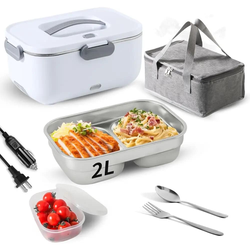 Scaldavivande Elettrico Portatile 80W/2L in Acciaio Inossidabile Staccabile 12V/24V/110V (Bianco con Doppio Scomparto)