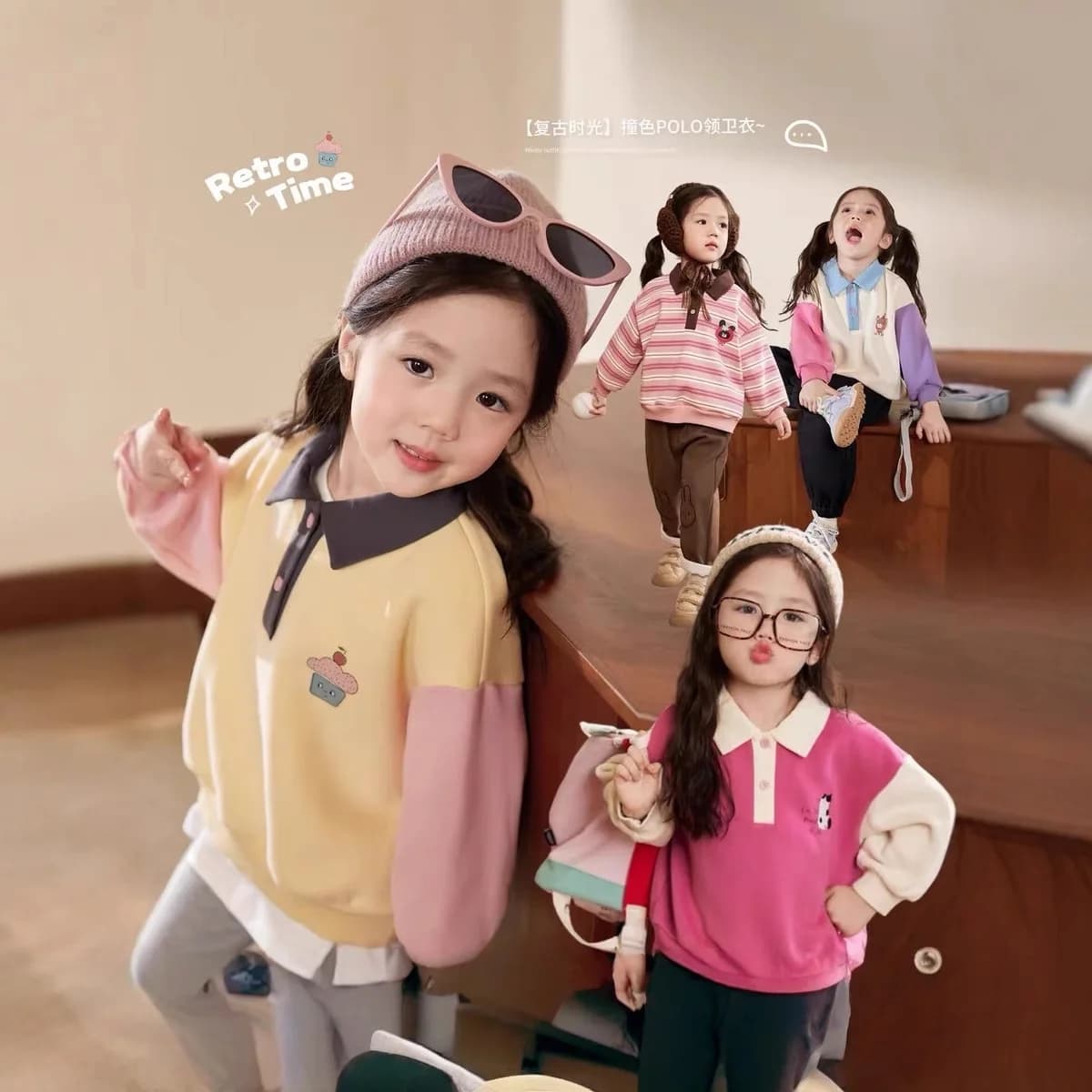 Abbigliamento per la casa color crema Felpa con cappuccio con colletto polo per bambini Contrasto di colore da donna 2025 Abbigliamento invernale Top a maniche lunghe in peluche per bambini alla moda