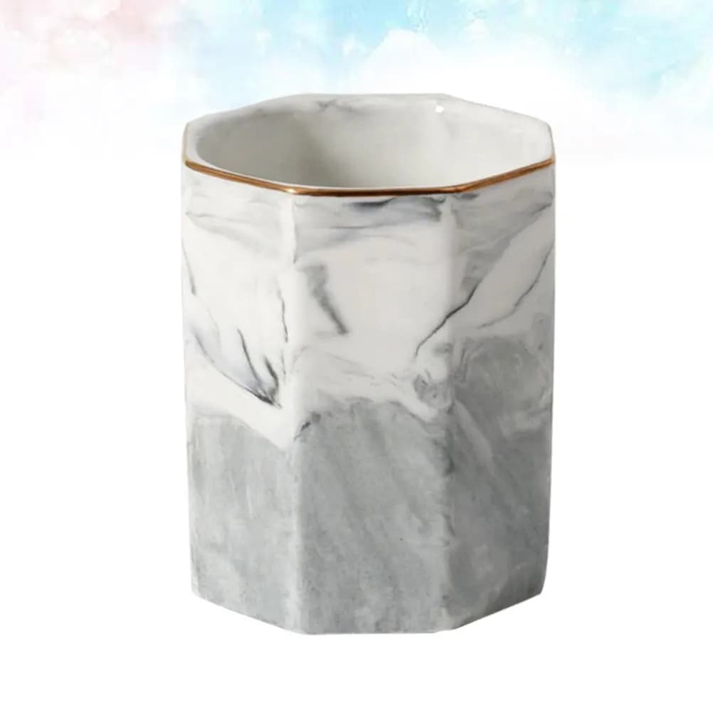 1 Pezzo Tazza Portaoggetti in Ceramica Stile Nordico con Motivo Marmo, Grigio con Bordo Oro, Organizer per Pennelli Trucco, Portapenne, Porta Spazzolini