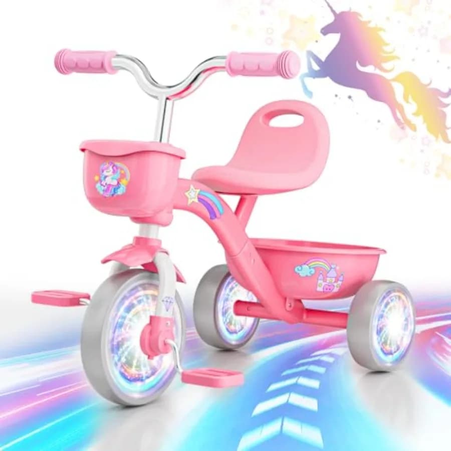 Triciclo per Bambini 1-3 Anni e 3-5 Anni, Bicicletta Unicorno per Bambini con Ruote Luminose Colorate, Cestino Grande, Regalo di Compleanno e Giocattolo