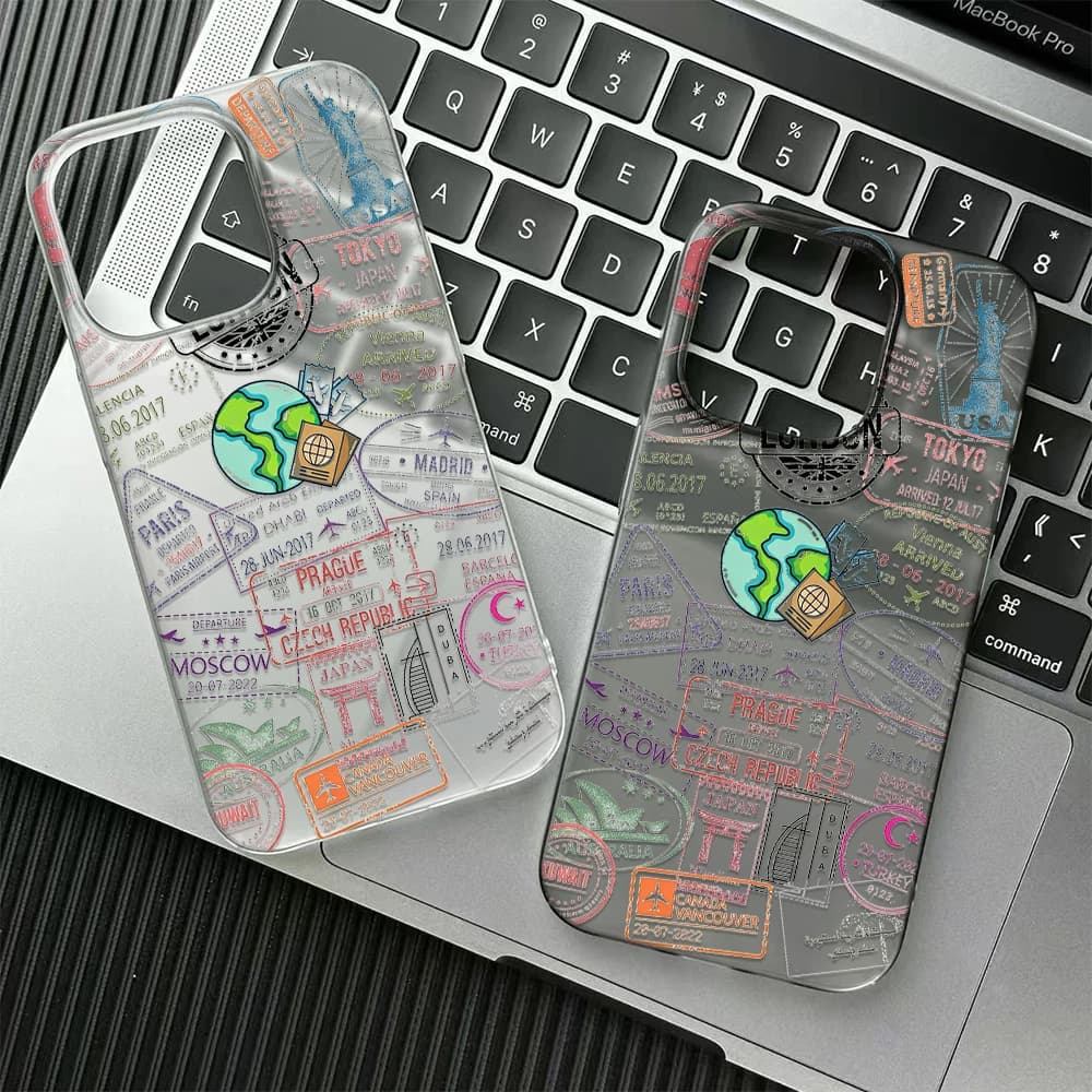 Custodia Morbida Trasparente Vintage con Timbri di Passaporto e Monumenti Mondiali per iPhone 17 16 15 14 Plus 13 12 11 Pro Max 17 Air