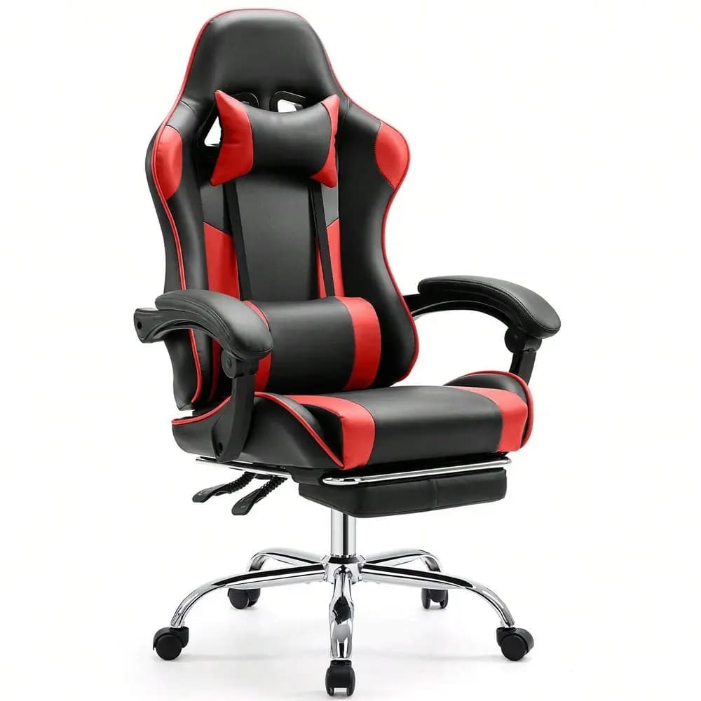 Sedia da Gaming Reclinabile Ergonomica con Poggiapiedi, Supporto Lombare, Poggiatesta in Pelle PU e Braccioli Fissi