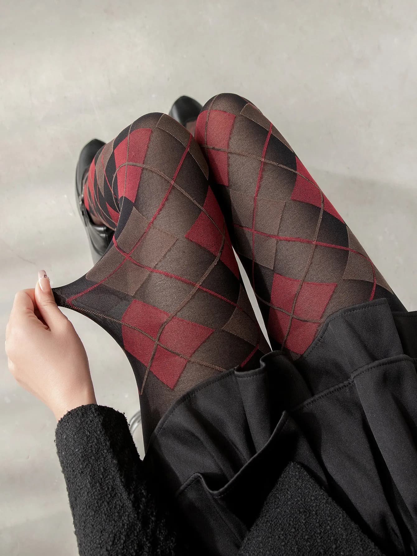 1 Pair Diamond Checkered Vintage Style Leggings Tights, Dark Green and Red Sexy Thigh-High Stockings, Pantyhose