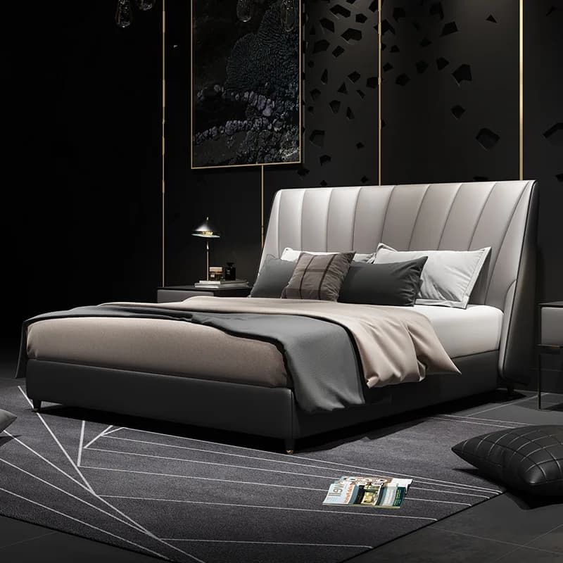 Letto matrimoniale king size moderno in pelle di lusso italiano con contenitore, struttura in legno e gambe in metallo