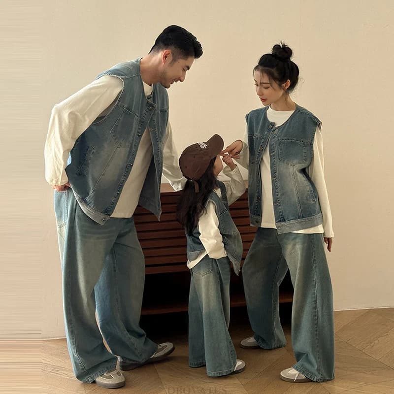 New Causal Family Matching Outfit Denim Vest Waist For Dad Mom Son Daughter Family Look Clothing Outerwear Sleeveless Jacket