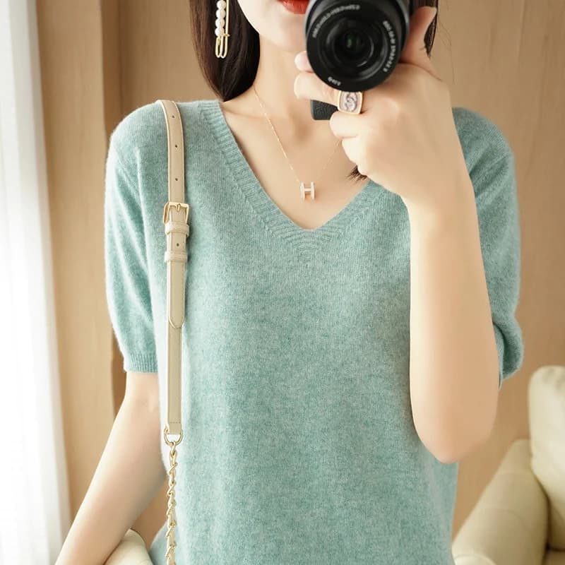 Maglione da donna Casual Manica corta Tira 2025 Primavera Estate Scollo a V Maglieria Moda coreana Camicie Top Pullover Maglioni morbidi
