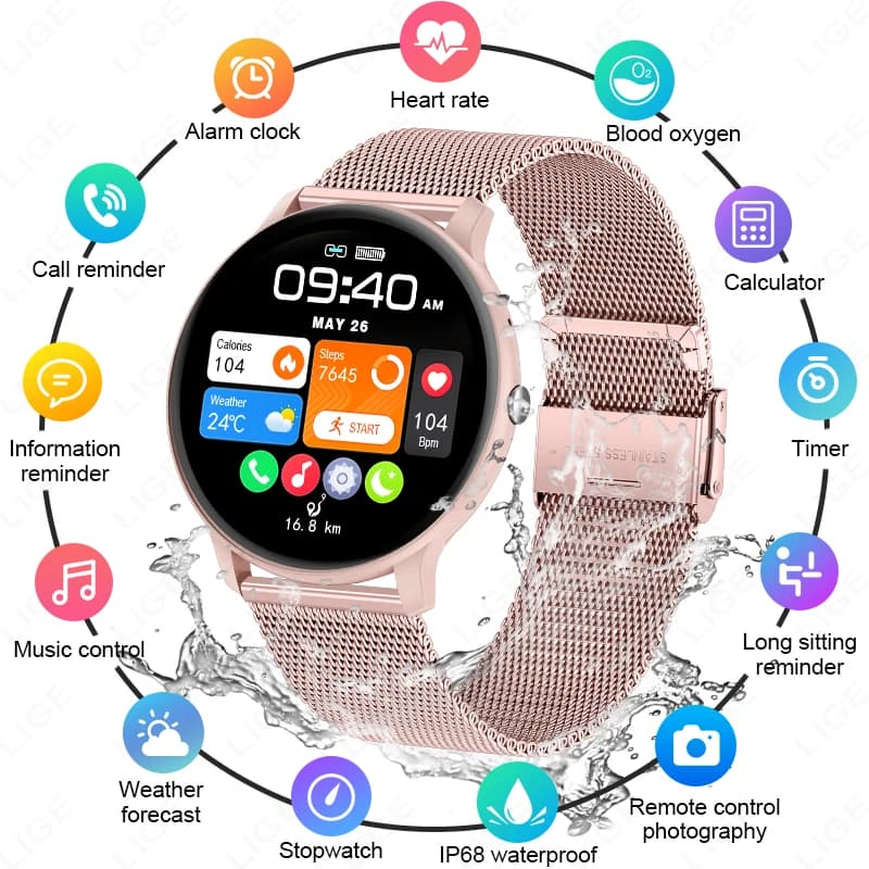 LIGE 2026 Smartwatch with Bluetooth Calls, Cardiac and Oxygen Frequency Monitoring in Blood, Waterproof IP68, for Female Health