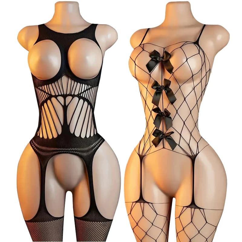 2026 New Sexy And Shy Black Silk Lace Up Hollow One-piece Suspender Socks With Exposed Back Transparent Fishing Net Socks