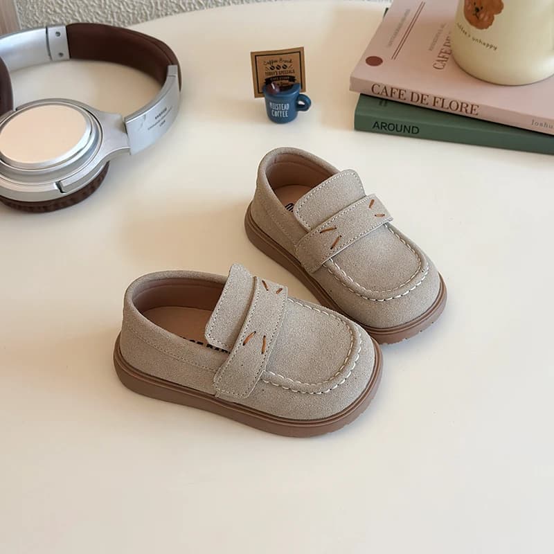 Toddler Kids Beige Suede Loafers Adjustable Strap Smile Face Stitch Non-Slip Thick Sole Spring Autumn School Daily Casual Wear