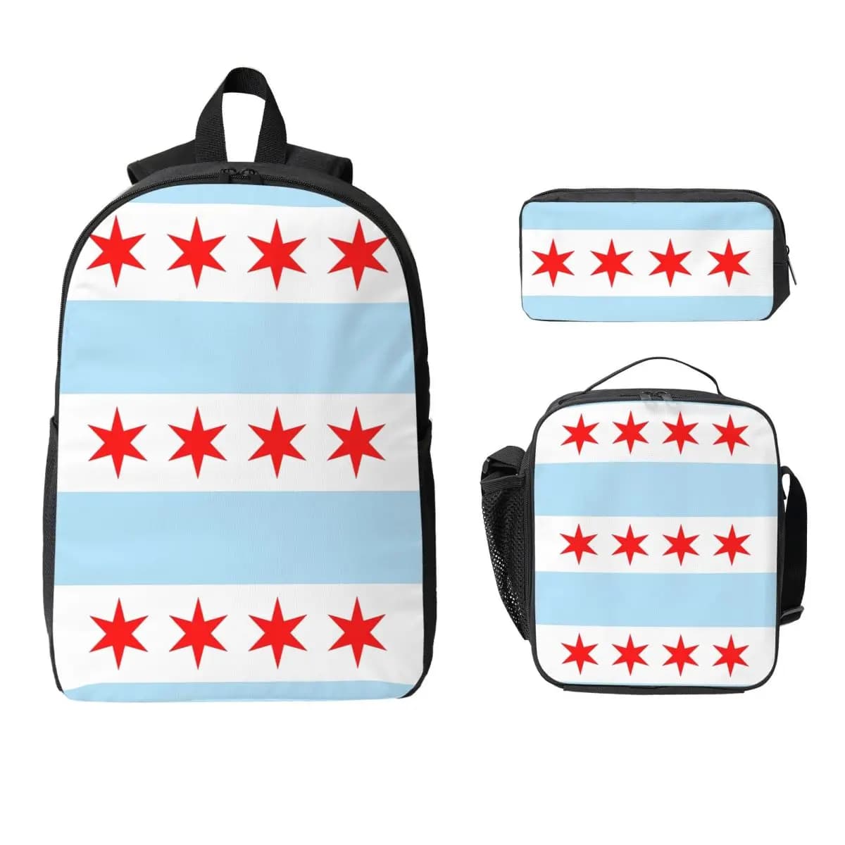 Patriotic Chicago Flag Backpack Student Boys Girls BookBag School Bag Laptop Shoulder Bags 3ps Insulated Lunch Bag Pencil Case