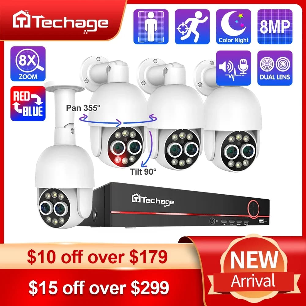 Techage 8CH Double Lens 4MP + 4MP PTZ POE Camera System 8X Mix Zoom Hand Detection H.265 AI CCTV Video Security Kit Colorful Night