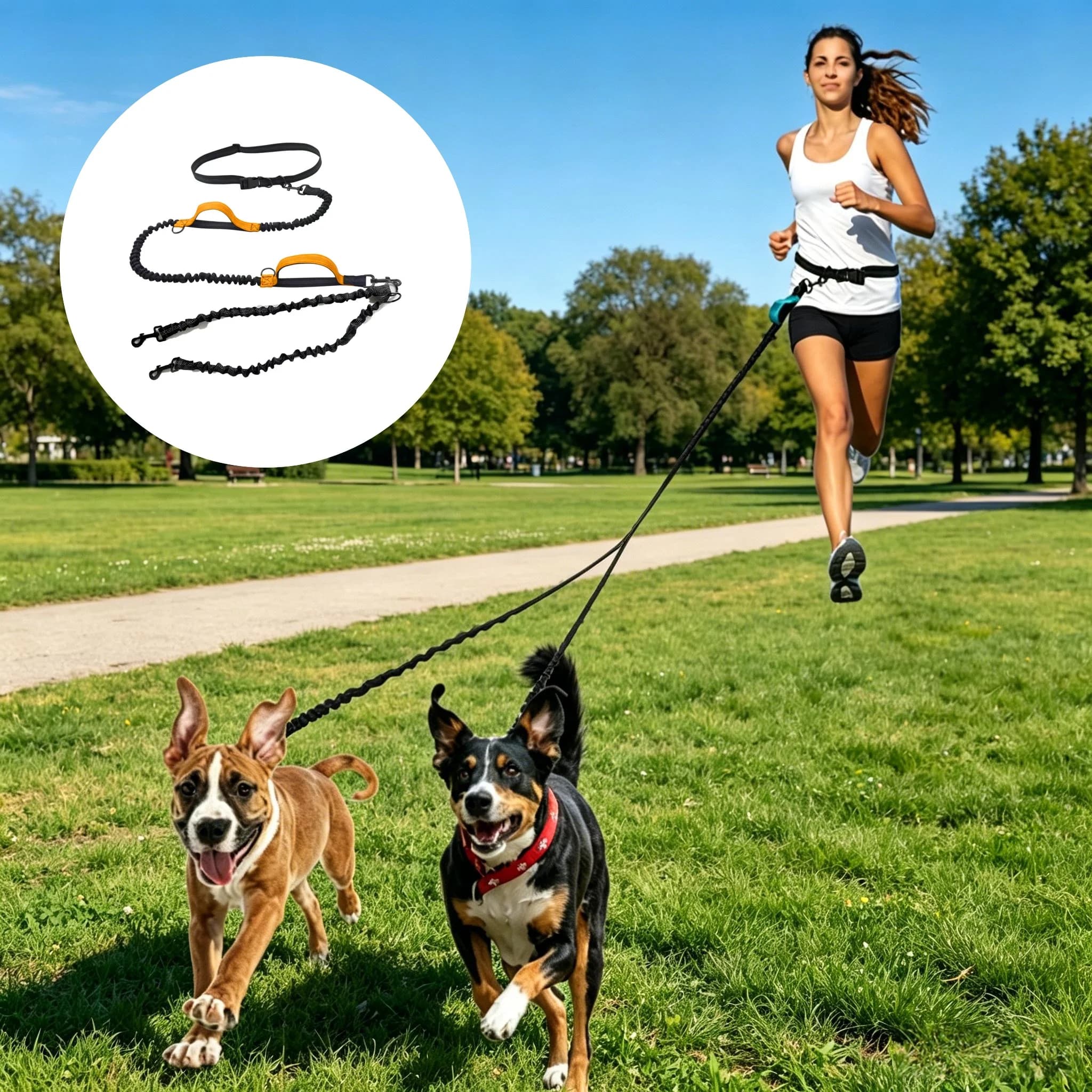 Hands Free Double Dog Leash Waist Belt Elastic Shock Absorbing Running Walking Leash Adjustable Waist Strap Dual Pet Leash