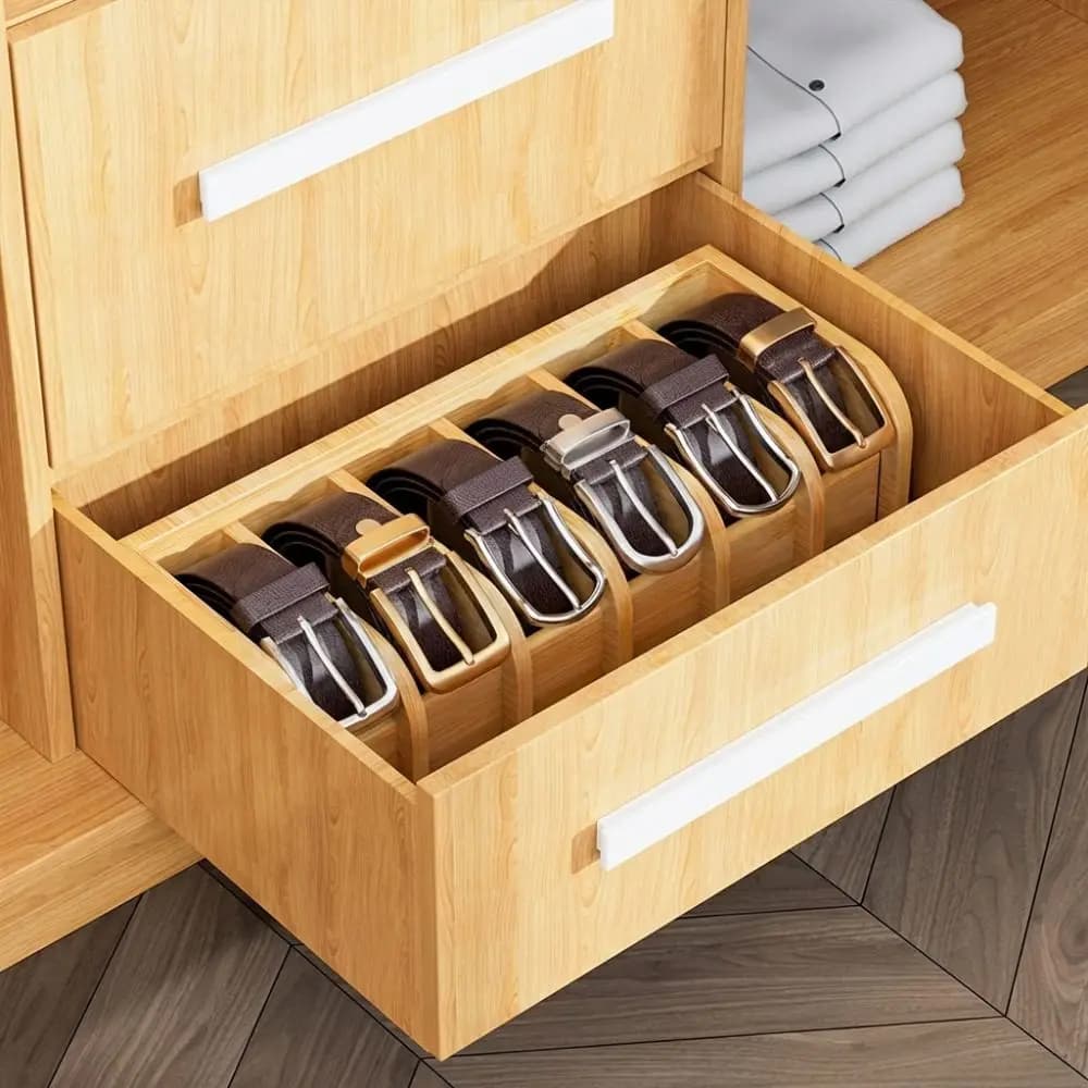 Bamboo Belt Organizer Space Saving Multi-Functional Belt Rack 6 Compartments Eco-Friendly Belt Storage Box Drawer Organization