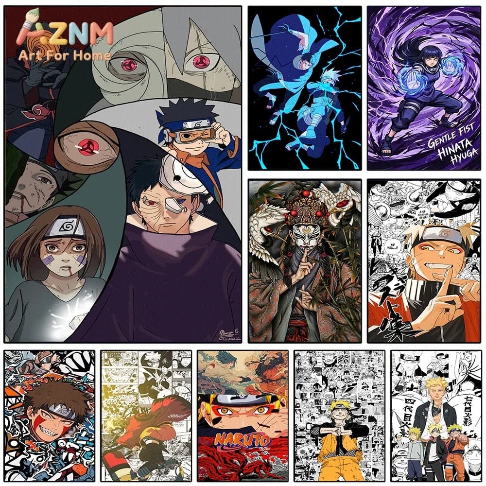 AZNM Naruto Obito Uchiha Character Collage Canvas Wall Print, Classic Anime Ninja Story Scene Art Poster, Unframed Canvas Pain